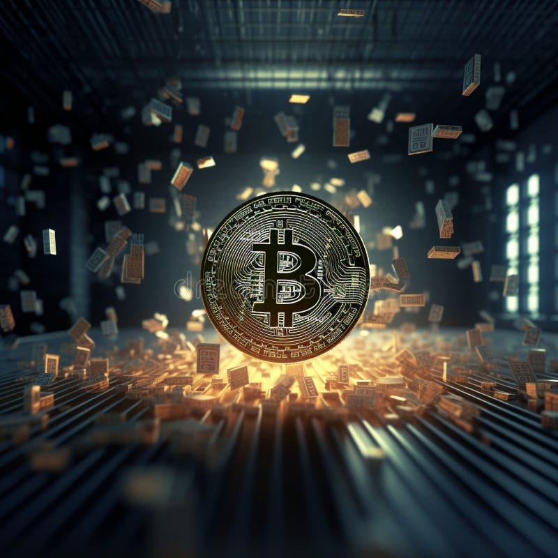 Bitcoin Coin Hovering Over a Digital Landscape. A digital rendering of a Bitcoin coin hovering over a glowing landscape of digital blocks. The coin is gold and appears to be glowing, while the background is dark and futuristic.