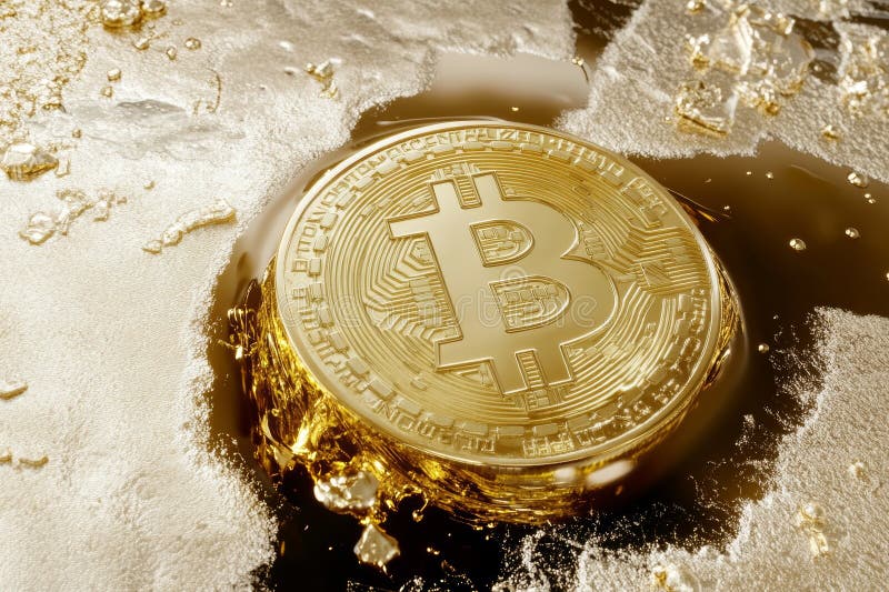 A Bitcoin coin is shown fully submerged in a reflective pool of liquid gold, creating a captivating high-contrast effect that stock image