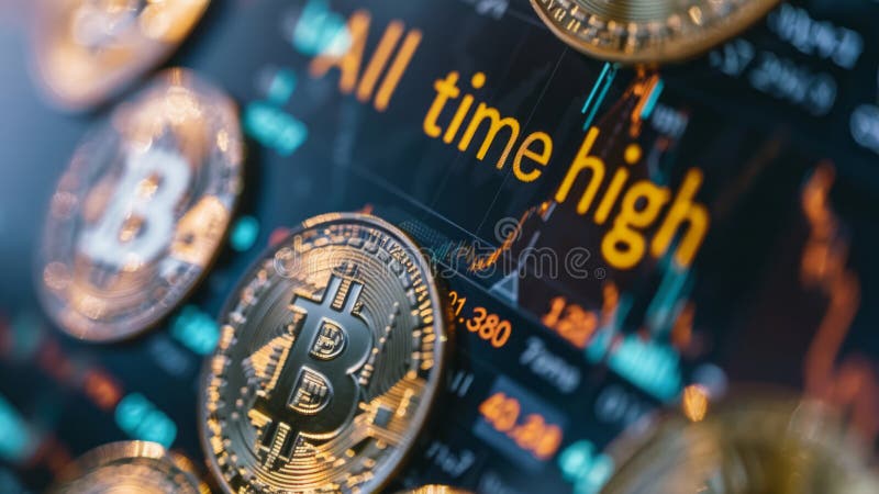 Bitcoin coins with All Time High text, BTC crypto ATH celebration, coins on blue market graph chart close-up. Cryptocurrency reaches the highest value ever and hits the new price record. AI generated