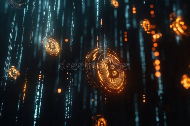 Bitcoin coins floating in digital matrix, glowing orange and blue lights royalty free stock photo
