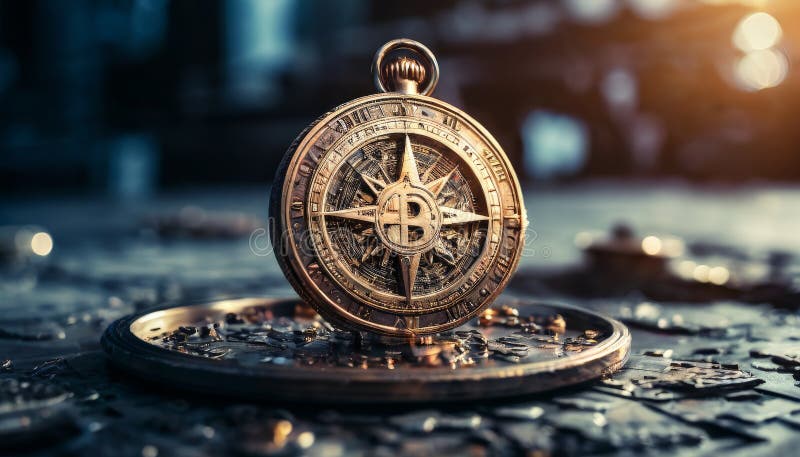 Bitcoin come centro di una bussola vintage fotografia stock