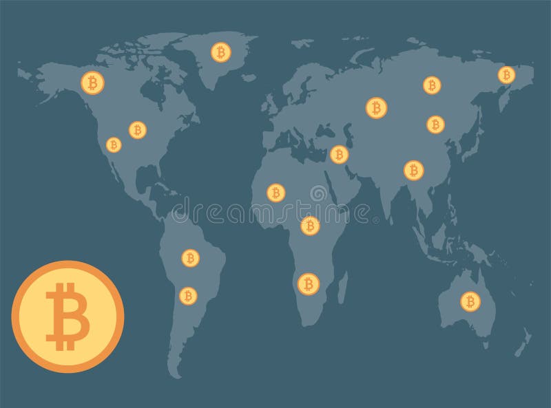 Bitcoin concept,Coins spread around on background map world. Illustrator royalty free illustration
