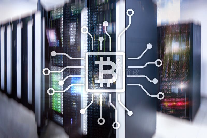 Bitcoin, concetto di Blockchain sul fondo della stanza del server fotografie stock