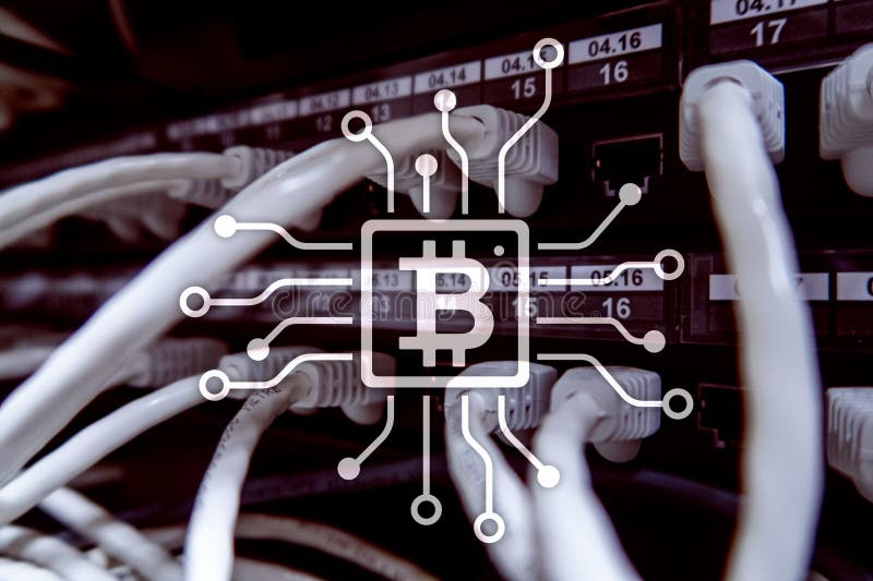 Bitcoin, concetto di Blockchain sul fondo della stanza del server immagini stock