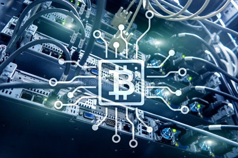 Bitcoin, concetto di Blockchain sul fondo della stanza del server immagine stock libera da diritti