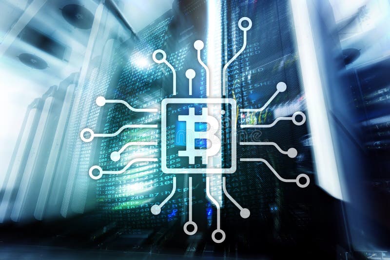 Bitcoin, concetto di Blockchain sul fondo della stanza del server fotografia stock