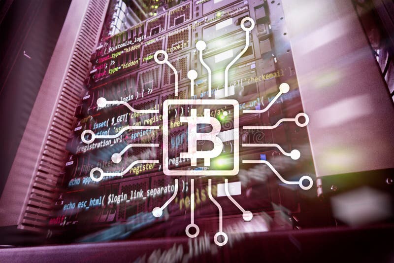 Bitcoin, concetto di Blockchain sul fondo della stanza del server fotografia stock