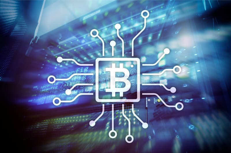 Bitcoin, concetto di Blockchain sul fondo della stanza del server fotografie stock libere da diritti
