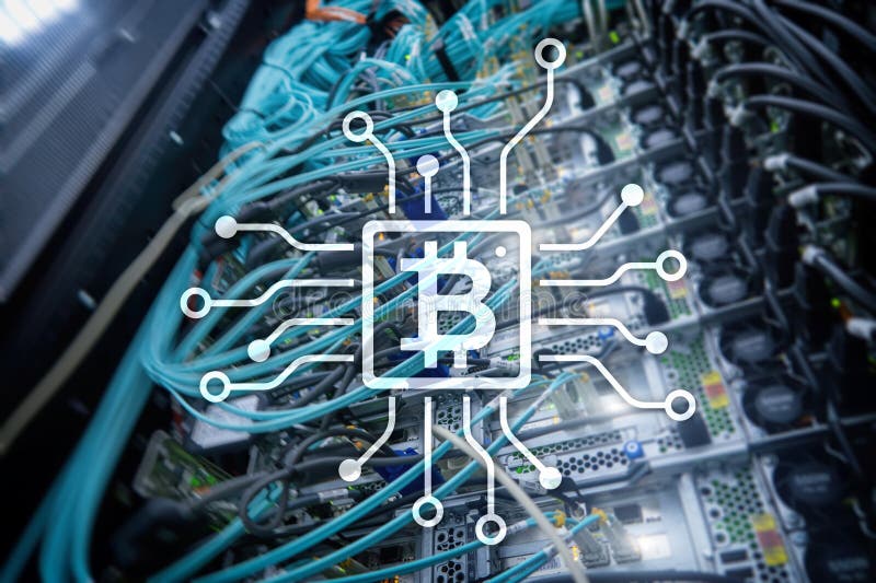 Bitcoin, concetto di Blockchain sul fondo della stanza del server immagini stock