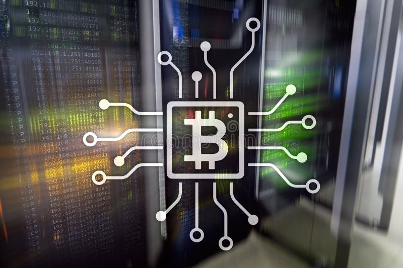 Bitcoin, concetto di Blockchain sul fondo della stanza del server fotografie stock