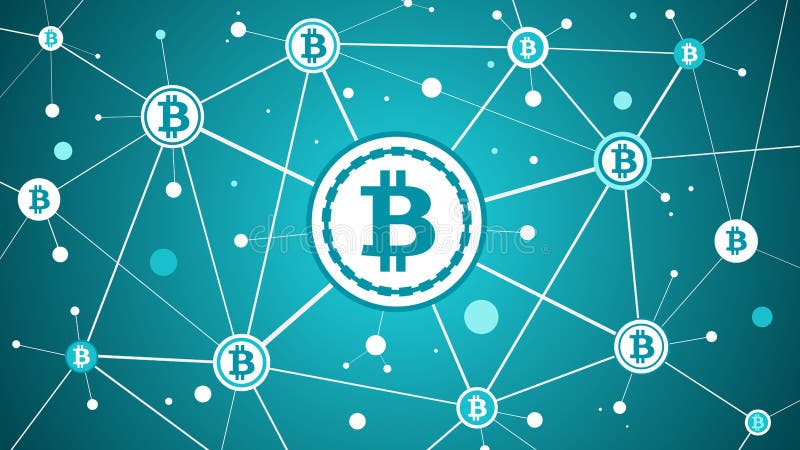 Bitcoin crypto waluta, blockchain błękita tło i ilustracja wektor