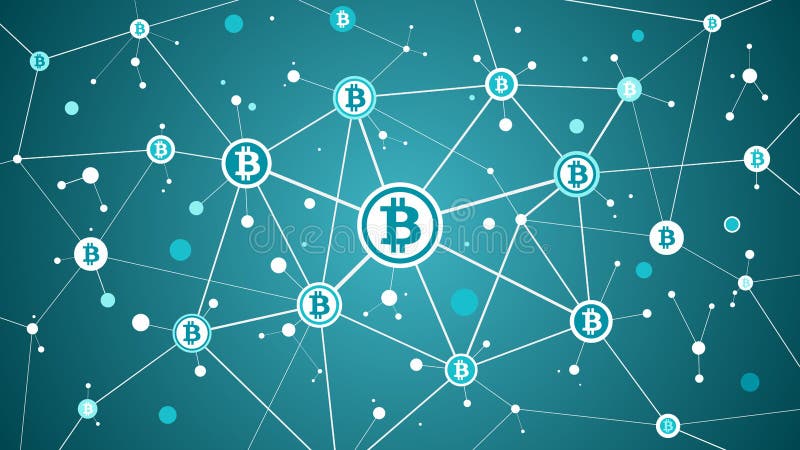 Bitcoin crypto waluta i blockchain abstrakcjonistyczny błękitny tło royalty ilustracja