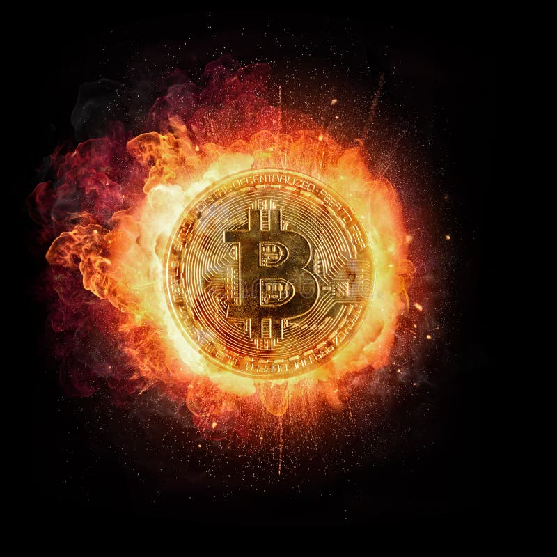 Bitcoin crypto waluta z ogieniem, odosobnionym na czarnym tle royalty ilustracja