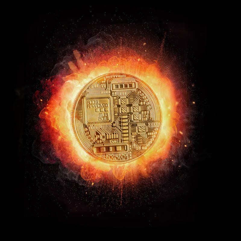 Bitcoin crypto waluta z ogieniem, odosobnionym na czarnym tle royalty ilustracja