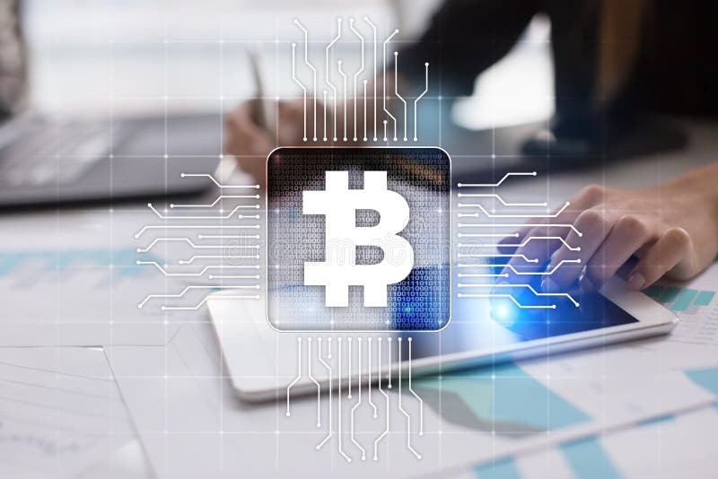 Bitcoin cryptocurrency Finansiell teknologi Internetpengar äganderätt för home tangent för affärsidé som guld- ner skyen till royaltyfri bild