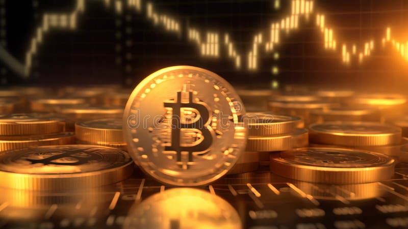 Bitcoin cryptocurrency na tle schematu finansowego 3d ilustracja cyfrowa waluta fizyczna złota moneta bitowa na
