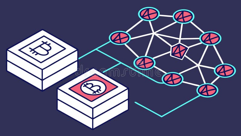 Ilustração da rede Blockchain do Bitcoin, mostrando blocos conectados e descentralização