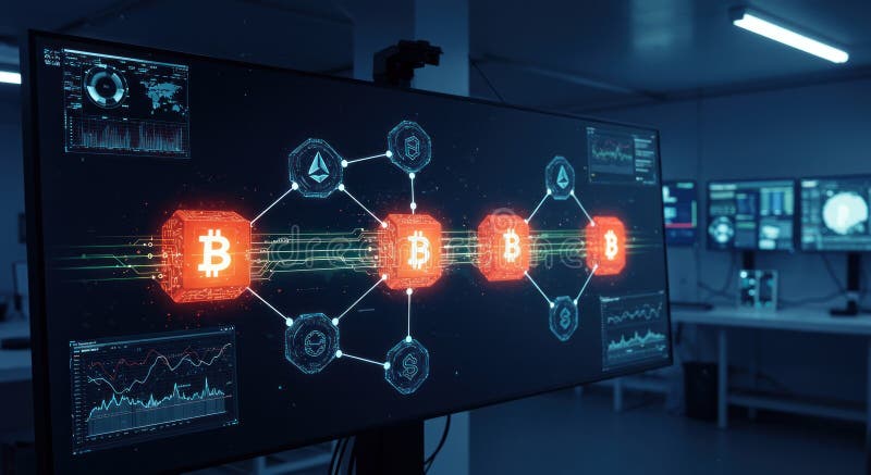 The image shows a large screen displaying a visualization of a bitcoin cryptocurrency network transaction with other cryptocurrencies and data graphs. Blockchain network analysis stock images, royalty-free photos and pictures