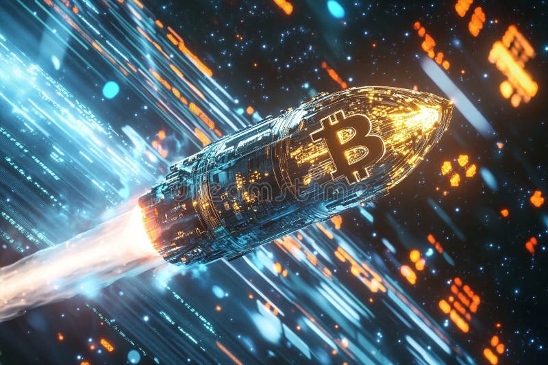 Bitcoin Cryptocurrency Rocket Launching Concept with Futuristic Digital Background and Glowing Lights royalty free illustration