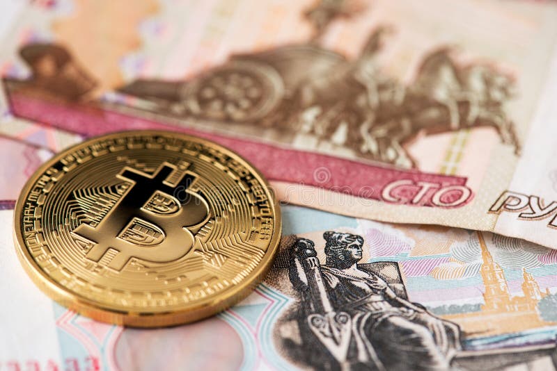 Bitcoin Cryptocurrency with Russian Rubles money. Russia Bitcoin Gold USD Dollar