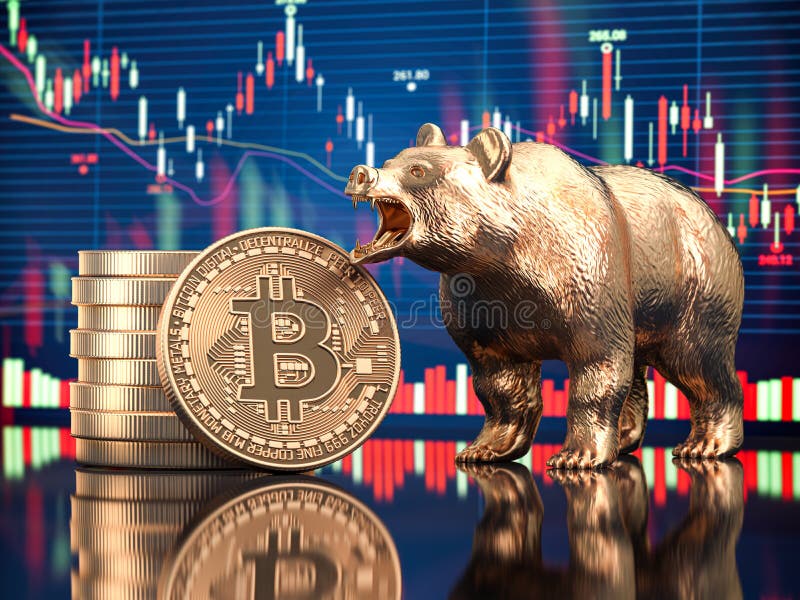Bitcoin cu urs și diagramă bursieră. prăbușirea pe piață a btc stock illustration