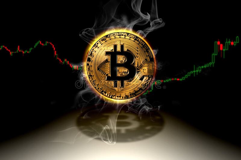 Bitcoin currency smoking symbol with financial data chart graph , conceptual bitcoin trading illustration