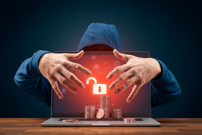 Bitcoin cybersecurity concept with hacker royalty free stock photography