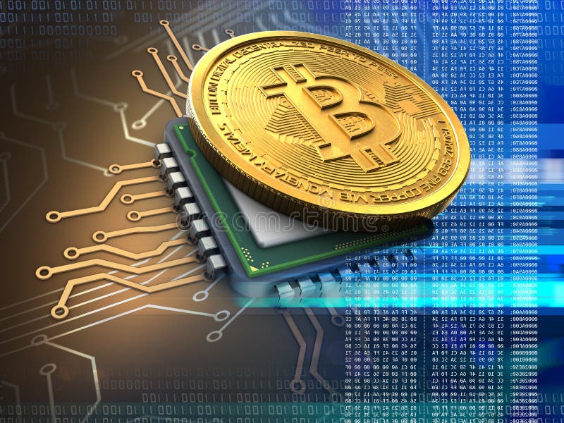 Bitcoin 3d med CPU-blått arkivbild
