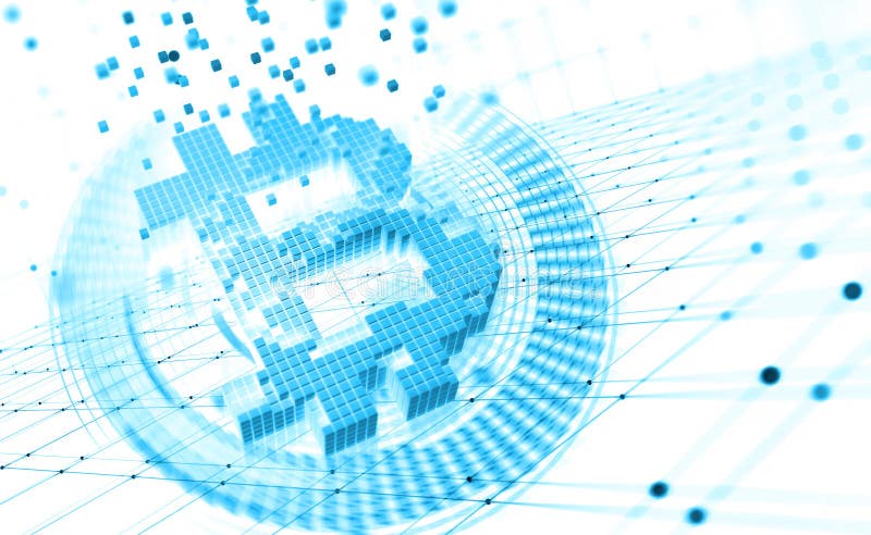 Bitcoin, das Konzept der Kryptowährungsblockkette im globalen Cyberspace lizenzfreie abbildung