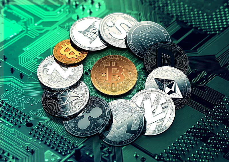 Bitcoin de aur și criptos diferite în cerc vector illustration