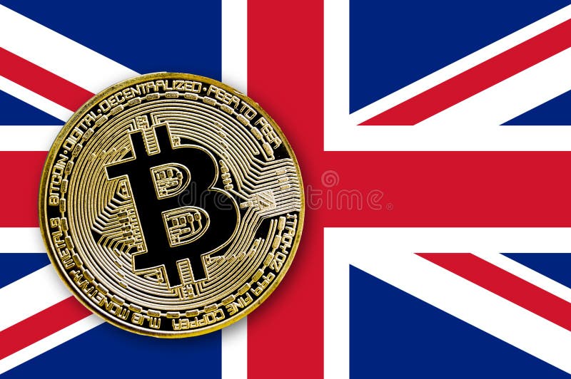bitcoin de la moneda del ejemplo 3D en la bandera de Gran Bretaña stock de ilustración bitcoin de la moneda del ejemplo 3D en la bandera de Gran Bretaña stock de ilustración