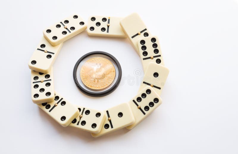 Bitcoin destroyed financial anonymity. Domino effect shot in circle form. Bitcoin destroyed financial anonymity. Domino effect shot on the white royalty free stock image Bitcoin destroyed financial anonymity. Domino effect shot in circle form. Bitcoin destroyed financial anonymity. Domino effect shot on the white royalty free stock image