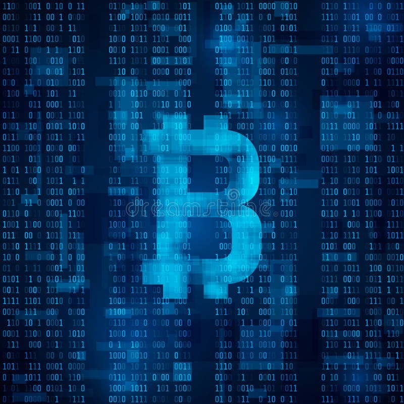 Bitcoin digital currency. Symbol of bitcoin on blue binary code. abstract background vector royalty free illustration