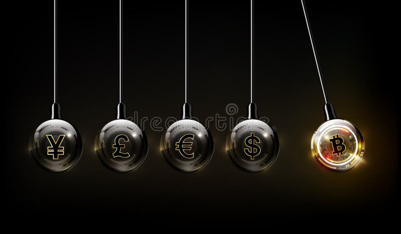 Bitcoin digital dollar Euro Pound Yen și yuan sub forma unui concept de finanțare mondială pentru leagăn de Newton Leagăn vector illustration