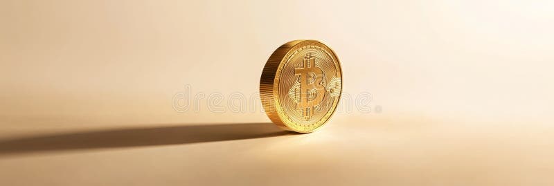 Bitcoin dorado de pie sobre el borde proyectando una sombra larga. Bitcoin de oro físico está de pie proyectando una larga sombra sobre un fondo beige que representa el financiamiento de inversión en criptodivisa y el nuevo dinero digital generado por ai