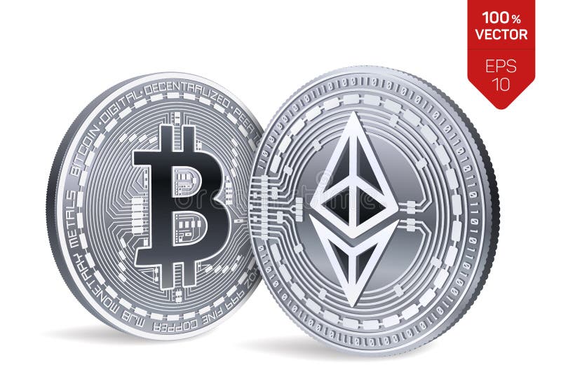 Bitcoin e ethereum monete fisiche isometriche 3D Valuta di Digital Cryptocurrency Monete d'argento con bitcoin e royalty illustrazione gratis