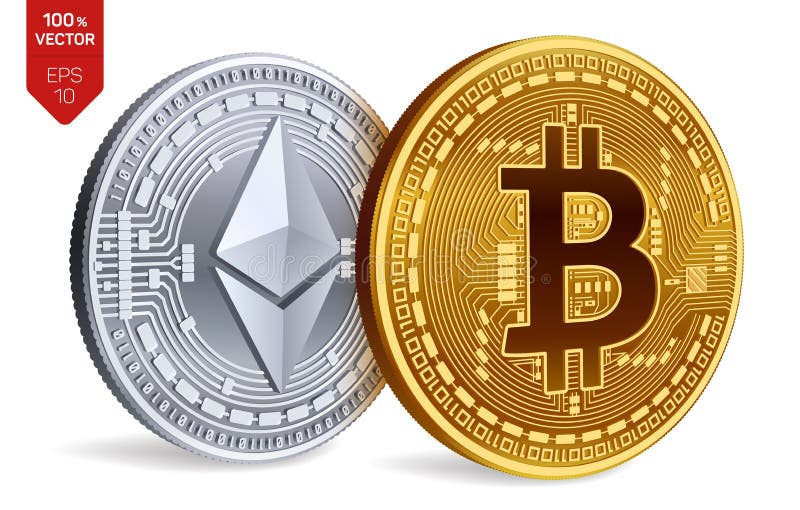Bitcoin e ethereum monete fisiche isometriche 3D Valuta di Digital Cryptocurrency Monete dorate e d'argento con bitcoin e ethe illustrazione di stock