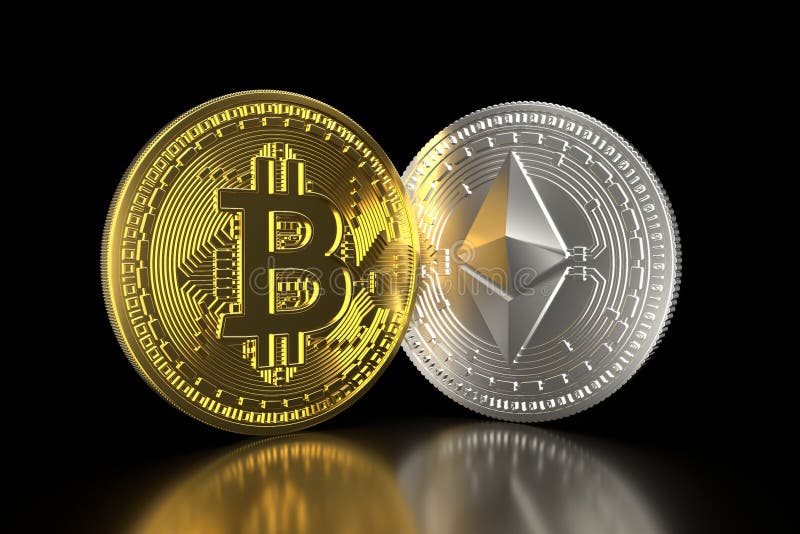 Bitcoin e ethereum monete fisiche isometriche 3D Valuta di Digital Cryptocurrency Monete dorate e d'argento con bitcoin e ethe illustrazione di stock