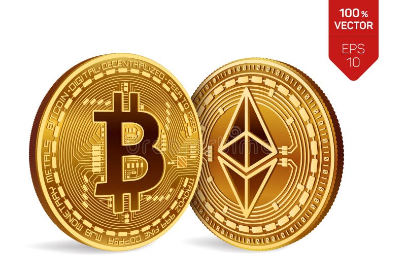Bitcoin e ethereum monete fisiche isometriche 3D Valuta di Digital Cryptocurrency Monete dorate con bitcoin e illustrazione di stock