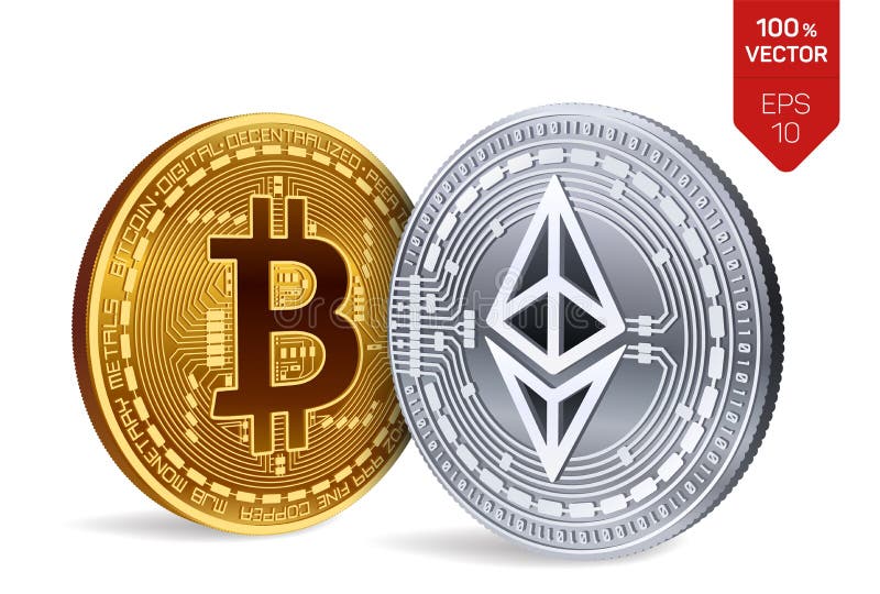 Bitcoin e ethereum monete fisiche isometriche 3D Valuta di Digital Cryptocurrency Monete dorate di Ethereum dell'argento e del bi illustrazione di stock