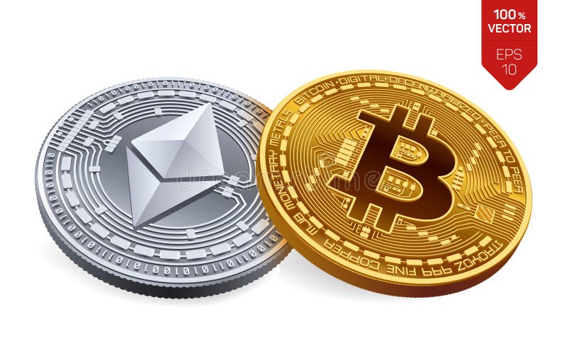 Bitcoin e ethereum monete fisiche isometriche 3D Valuta di Digital Cryptocurrency Monete dorate di Ethereum dell'argento e del bi royalty illustrazione gratis