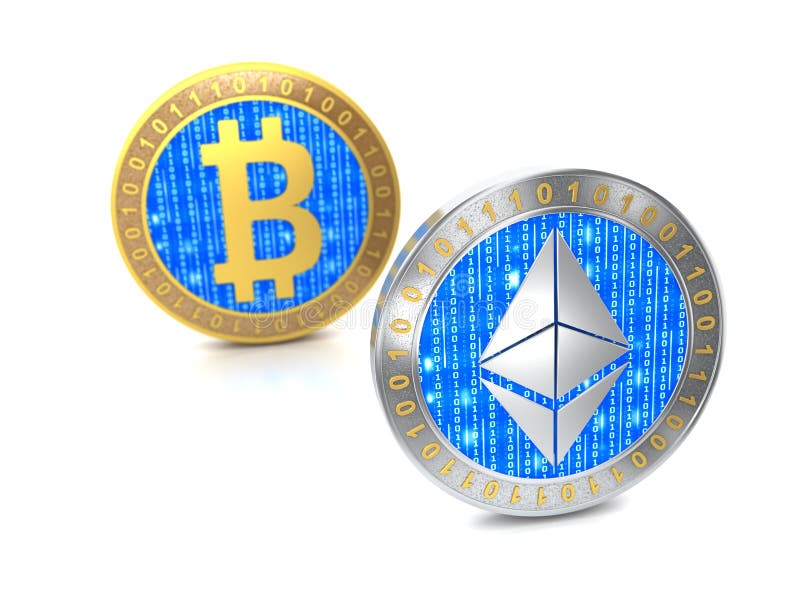 Bitcoin ed Etherum Monete con bitone e simbolo di etero isolate su fondo bianco Sfondo sfocato illustrazione vettoriale