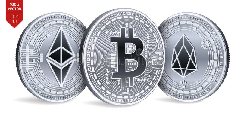 Bitcoin EOS Ethereum monete fisiche isometriche 3D Valuta di Digital Cryptocurrency Monete d'argento con Bitcoin, l'EOS e Ethereu illustrazione di stock