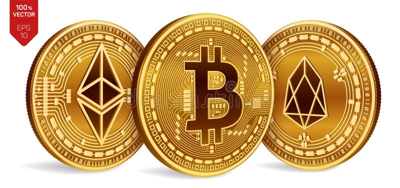 Bitcoin EOS Ethereum monete fisiche isometriche 3D Valuta di Digital Cryptocurrency Monete dorate con Bitcoin, l'EOS e Ethereum illustrazione vettoriale