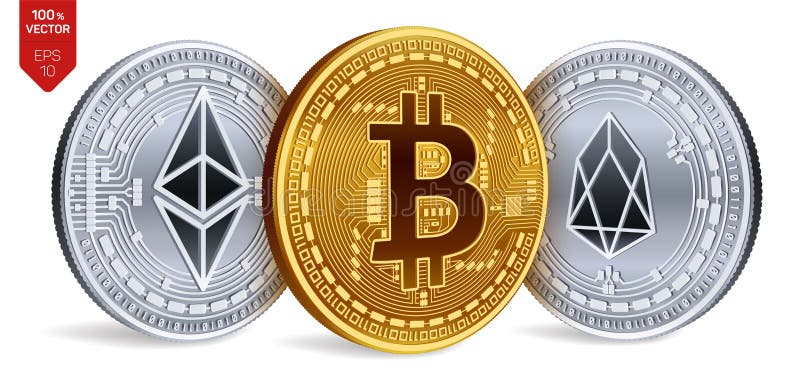 Bitcoin EOS Ethereum monete fisiche isometriche 3D Valuta di Digital Cryptocurrency Monete dorate e d'argento con Bitcoin, EOS a royalty illustrazione gratis
