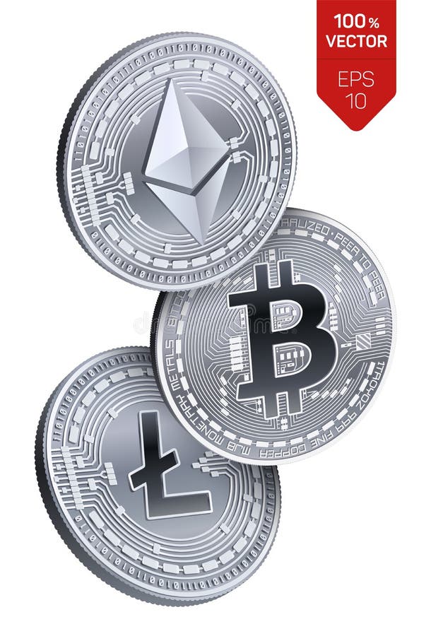 Bitcoin Ethereum Litecoin monete fisiche isometriche 3D Valuta di Digital Cryptocurrency Monete d'argento con bitcoin. Bitcoin Ethereum Litecoin monete fisiche isometriche 3D Valuta di Digital Cryptocurrency Monete d'argento con il simbolo del bitcoin, del litecoin e di ethereum su fondo bianco Illustrazione di vettore