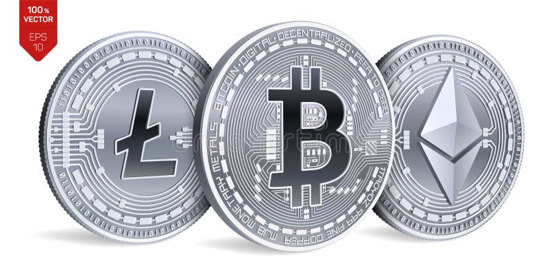 Bitcoin Ethereum Litecoin monete fisiche isometriche 3D Valuta di Digital Cryptocurrency Monete d'argento con bitcoin, litecoin illustrazione vettoriale