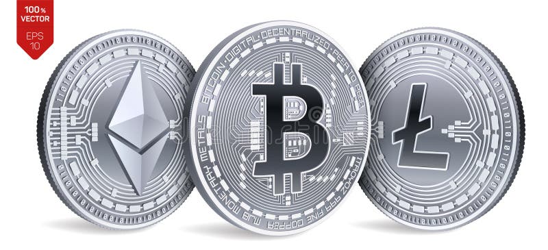 Bitcoin Ethereum Litecoin monete fisiche isometriche 3D Valuta di Digital Cryptocurrency Monete d'argento con bitcoin, litecoin illustrazione di stock
