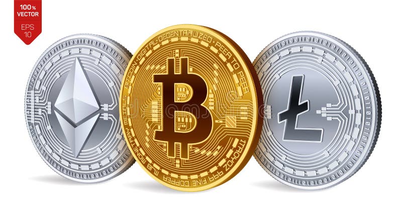 Bitcoin Ethereum Litecoin monete fisiche isometriche 3D Valuta di Digital Cryptocurrency Monete d'argento e dorate con bitcoin royalty illustrazione gratis