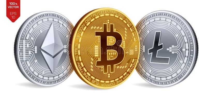 Bitcoin Ethereum Litecoin monete fisiche isometriche 3D Valuta di Digital Cryptocurrency Monete d'argento e dorate con bitcoin illustrazione vettoriale